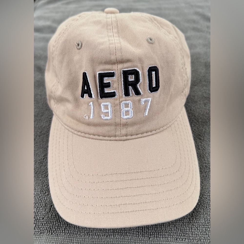 Aeropostale AERO 1987 Dad Hat Ball Cap Beige Black White Stitch/Embroidered Logo